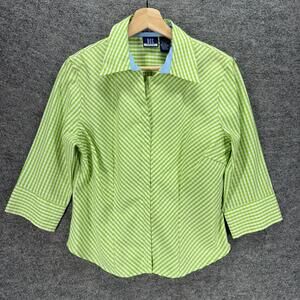 DCC Shirt Women PL Petite Greeb Plaid Button Up Collared 3/4 Sleeve Stretch